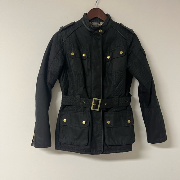 Authentic Barbour Belted Waxed Jacket - Black - Leather Trim Sz US 8 UK 12 - Picture 2 of 14